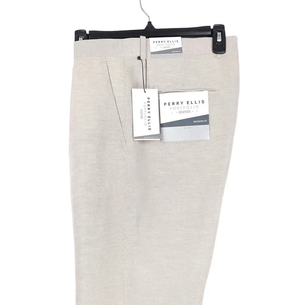 Perry Ellis Portfolio Mens Modern Fit Dress Pants 32x29 Light Tan Linen Cotton